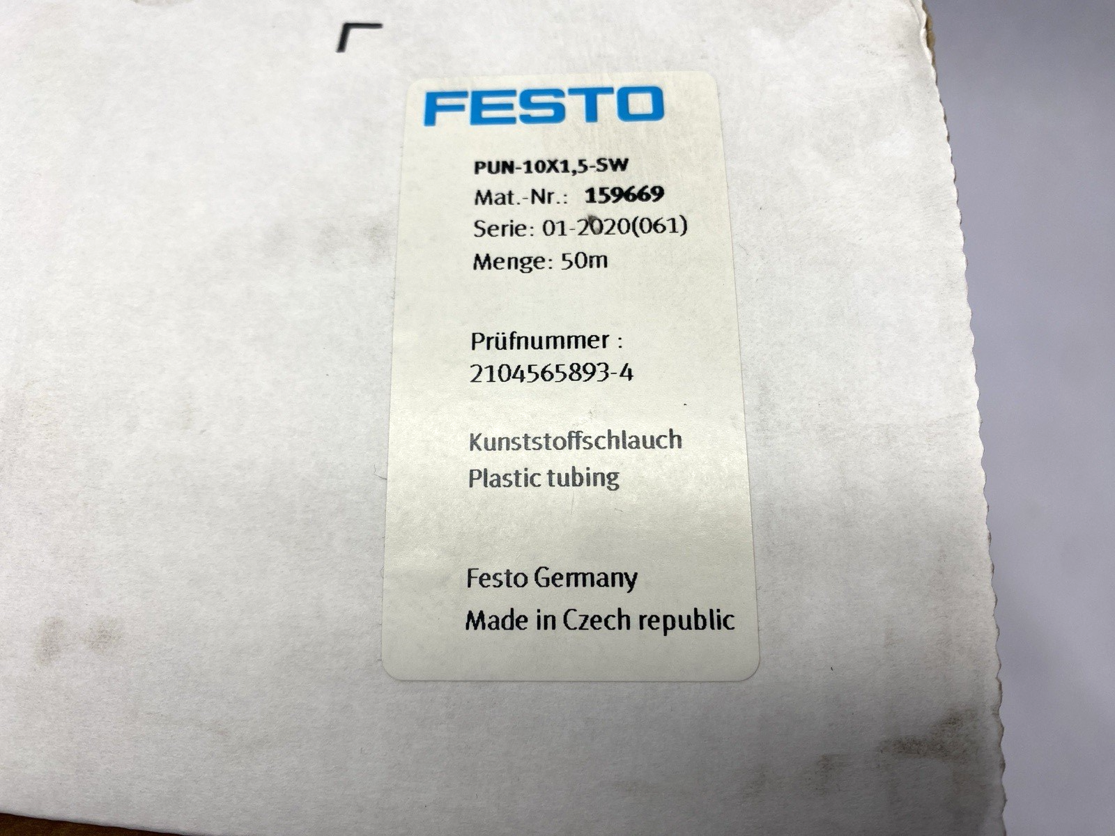159669 | Festo PUN-10X1,5-SW Black Plastic Tubing 7mm ID 10mm OD CUT TO 25m - New – Open box - Maverick Industrial Sales