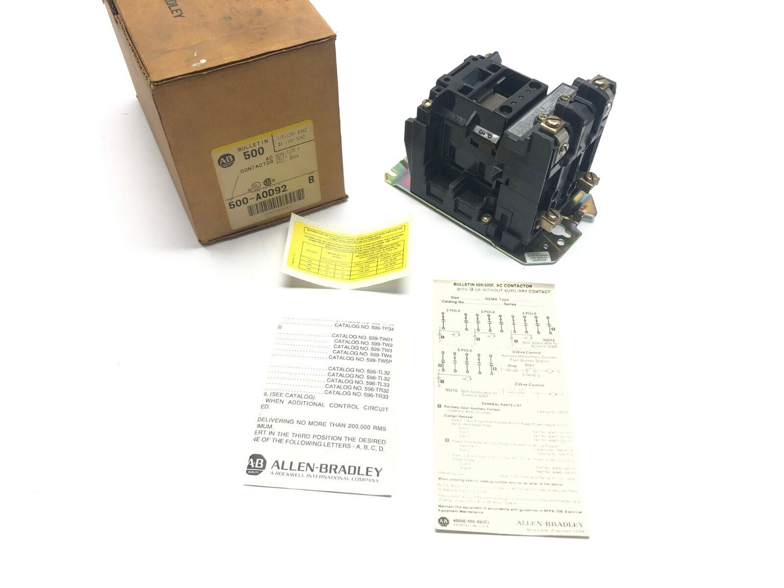 Allen Bradley 500-A0D92 Ser B AC Contactor NEMA Size 0 2-Pole 115V-120V - Maverick Industrial Sales