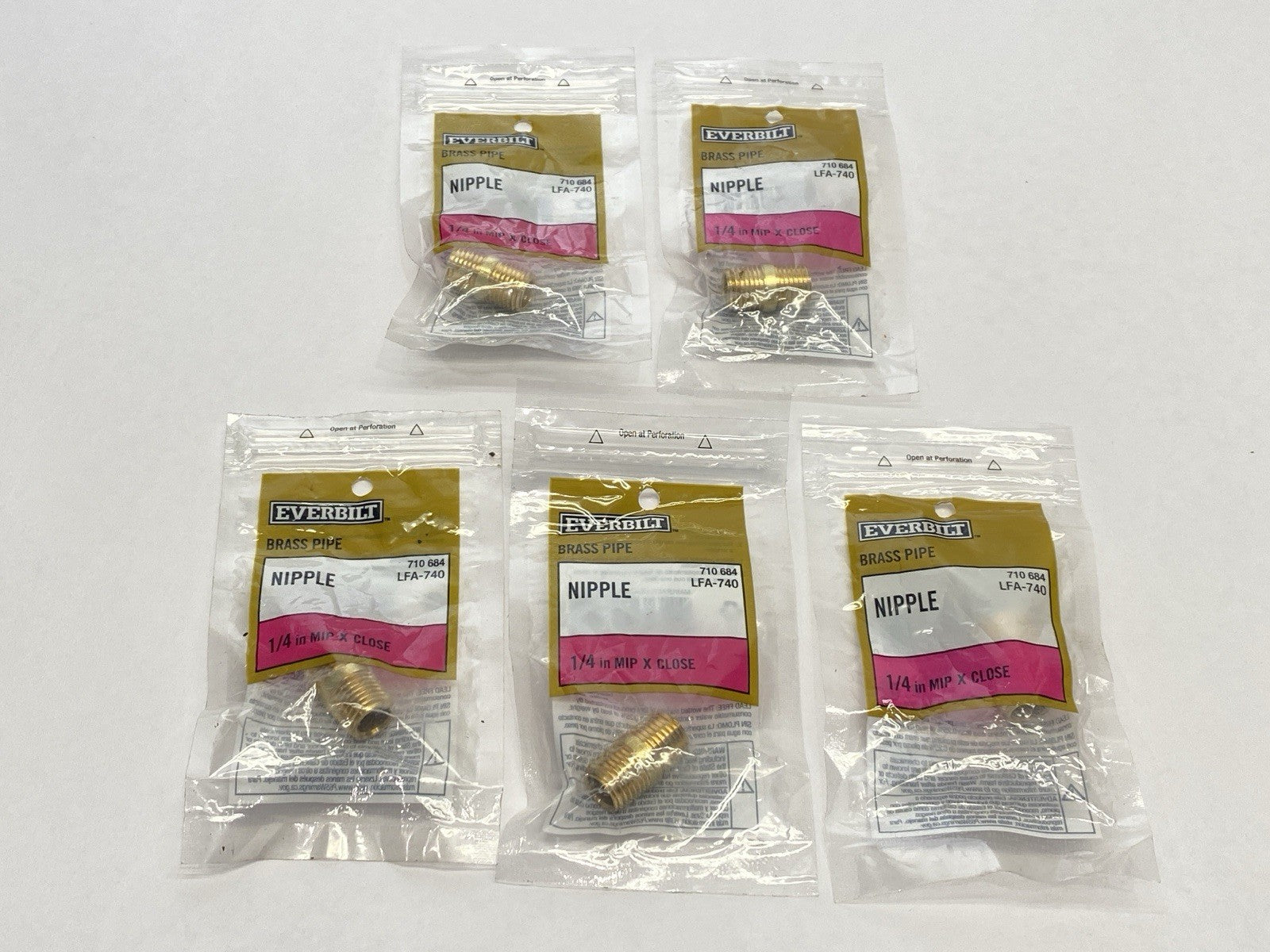LFA-740 | Everbilt Brass Pipe Nipple 1/4" x Close LOT OF 5 - New - Maverick Industrial Sales