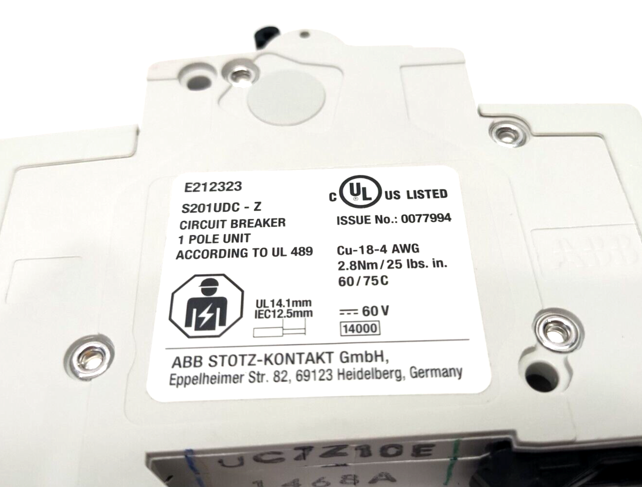 2CDS271517R0428,S201UDC-Z10A,S201UDC-Z10,S201UDC-Z10 A,S201UDC-Z 10 A | ABB S201UDC-Z10 A Circuit Breaker 1P 10A 60VDC 2CDS271517R0428 - New – Open box - Maverick Industrial Sales