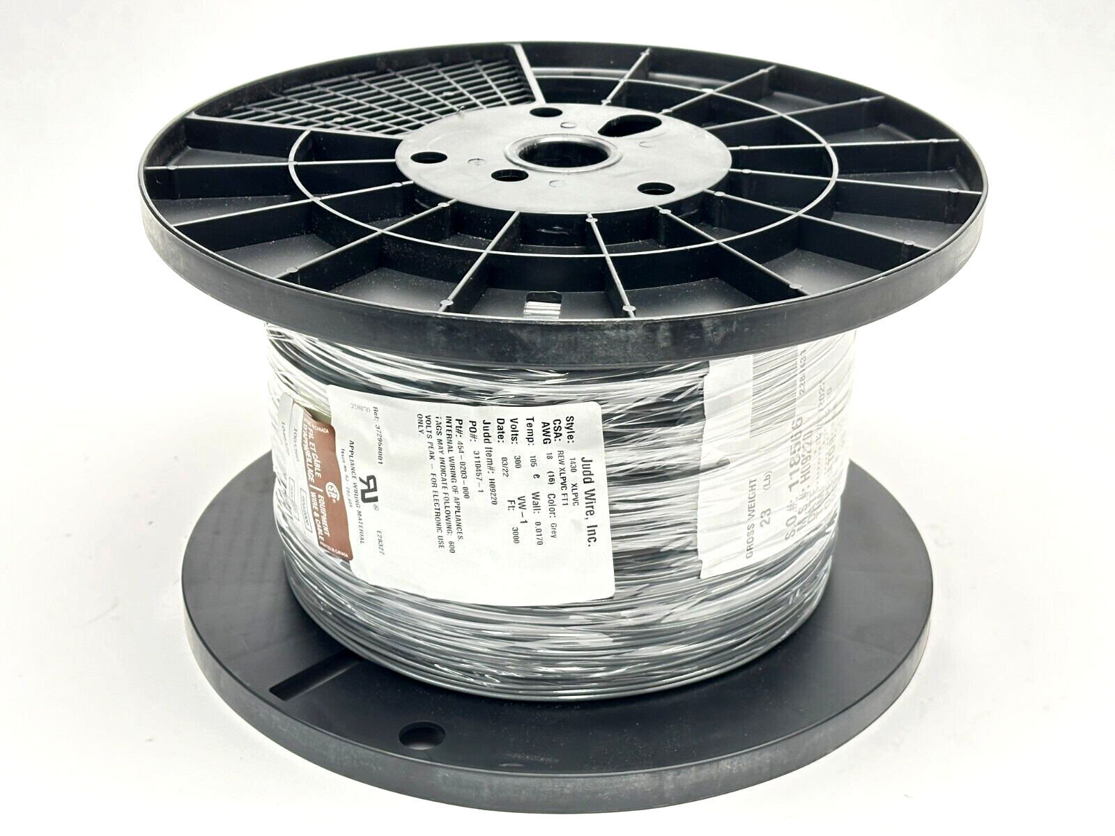 Judd Wire H09220 Wire Style 1430 XLPVC 18AWG 16/30 .017 300V Grey 3000FT SPOOL - Maverick Industrial Sales