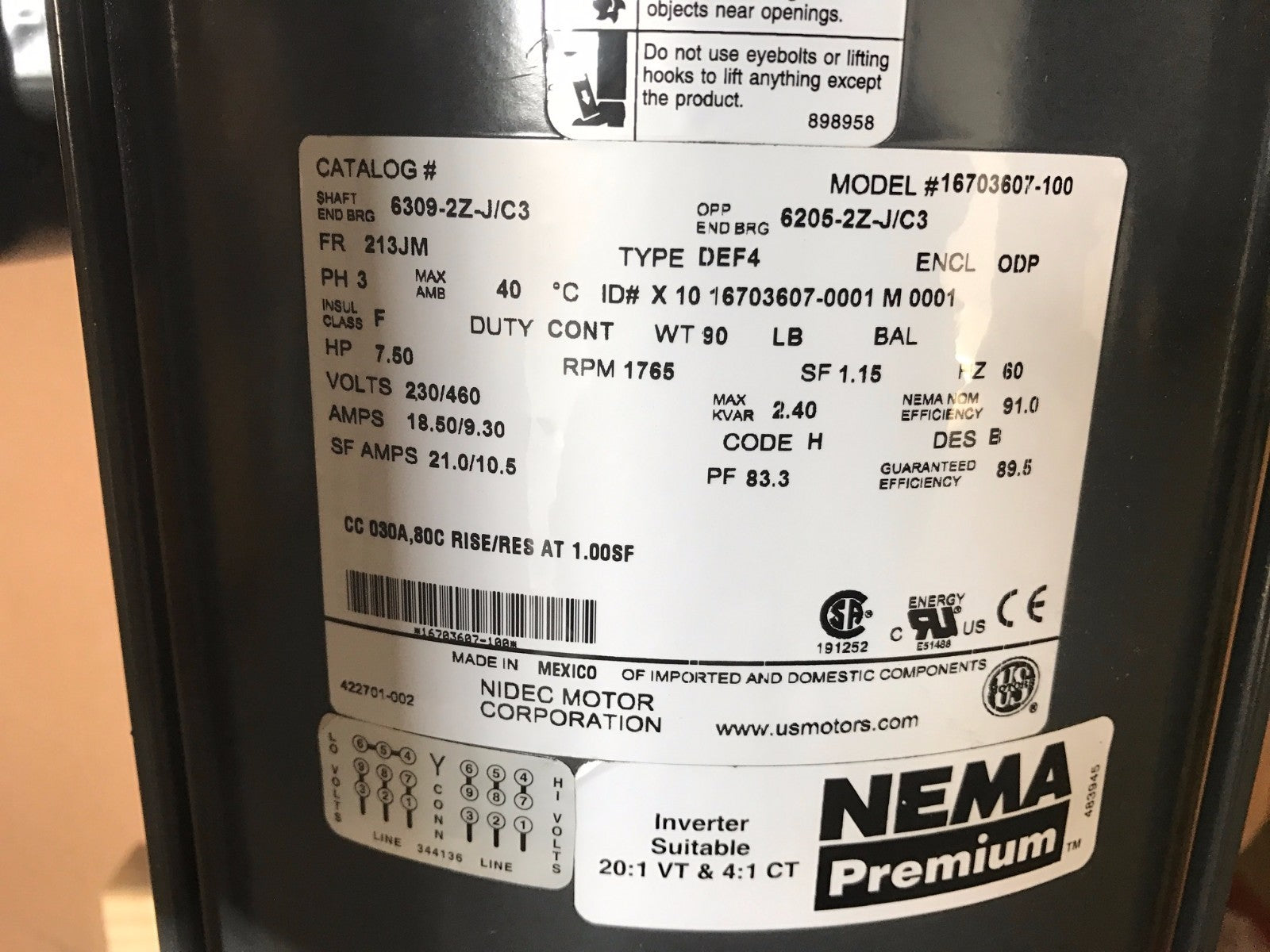 NIDEC Electric Motor US 7.5 HP 1765 RPM 230/460V 213JM FR DEF4 ODP - New – Open box - Maverick Industrial Sales