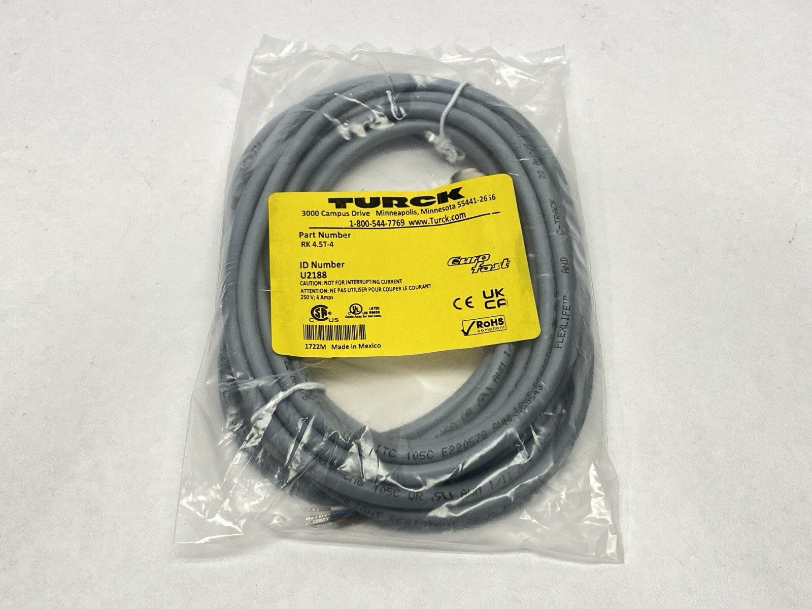 Turck RK 4.5T-4 Eurofast Cordset Female M12 5 Pin Connector U2188 - Maverick Industrial Sales