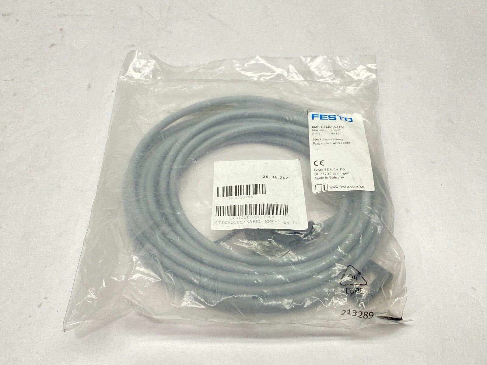 Festo KMF-1-24DC-5-LED Plug Socket With Cable 5m 30937 - Maverick Industrial Sales
