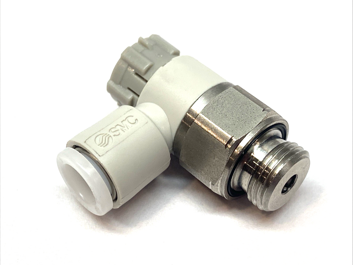 AS2201FG-G01-06A | SMC Pneumatic Speed Flow Control Valve, Elbow, 1/8" - New – Open box - Maverick Industrial Sales
