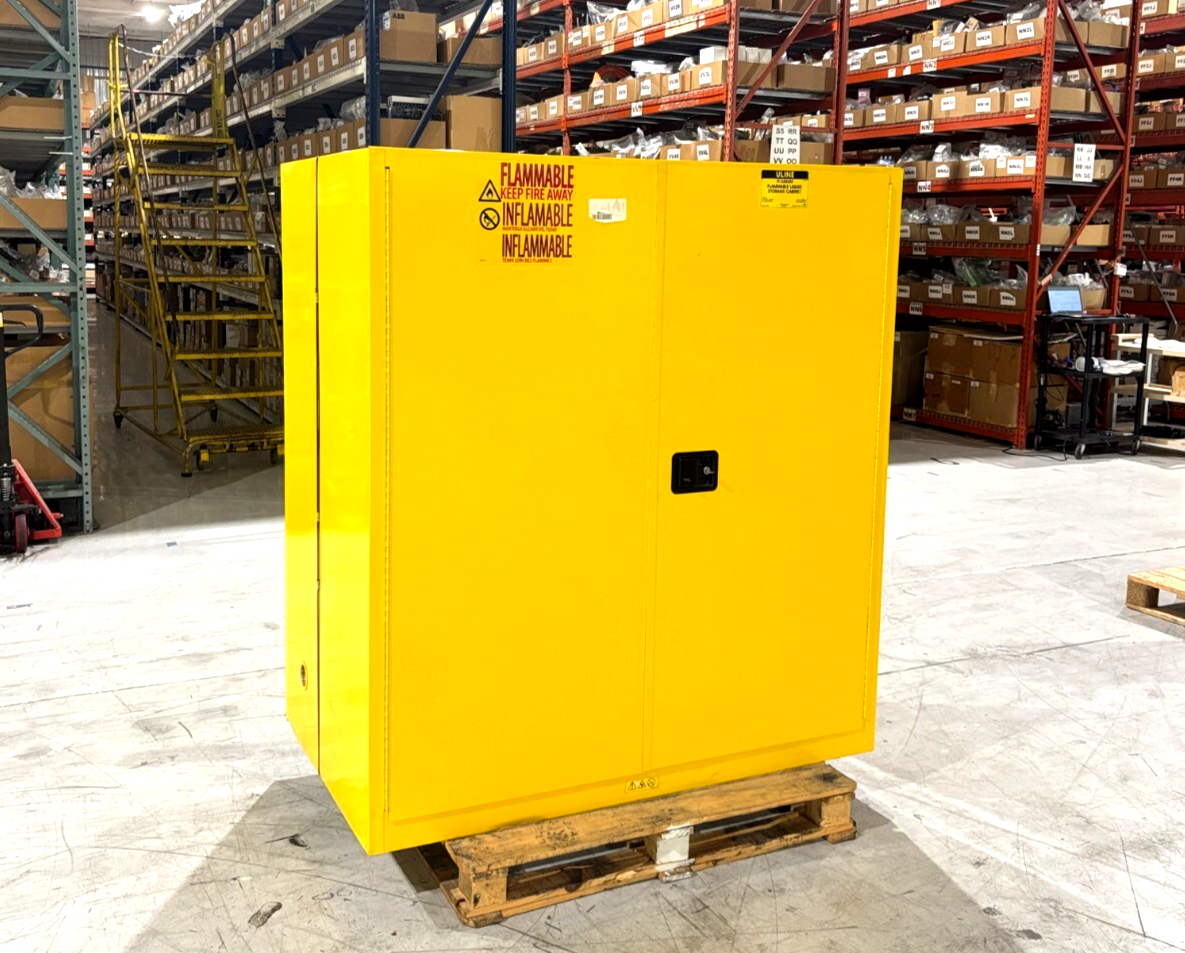 Uline H-3686M Flammable Liquid Storage Cabinet, Yellow, 59"W x 34"D x 65"H - Used - Maverick Industrial Sales