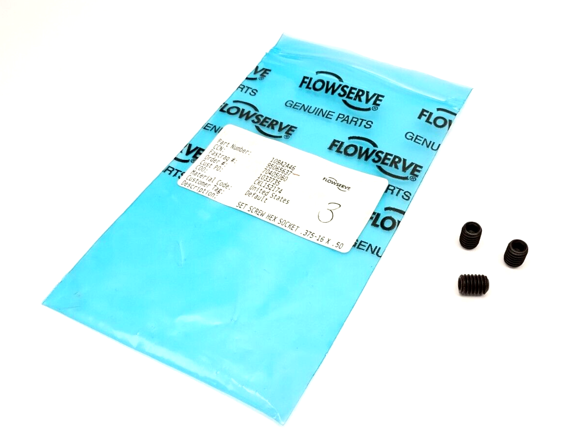 95065637,109A2A46 | Flowserve 109A2A46 Hex Socket Head Set Screw 0.375"-16 x 0.50" 95065637 LOT OF 3 - New - Maverick Industrial Sales