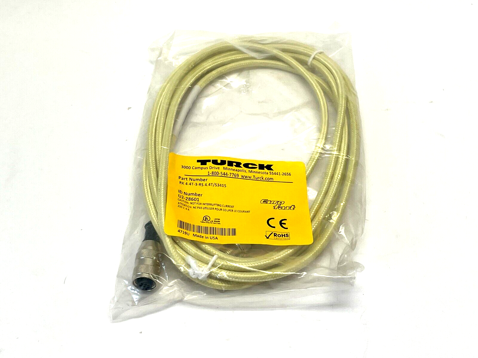 Turck RK 4.4T-3-RS 4.4T/S3415 Cordset 3m Length U2-28601 - New - Maverick Industrial Sales