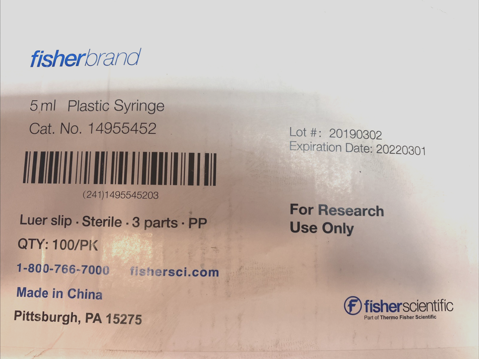 Fisher Scientific 100559 5 mL Sterile Plastic Luer Slip Syringe LOT 100 - Maverick Industrial Sales