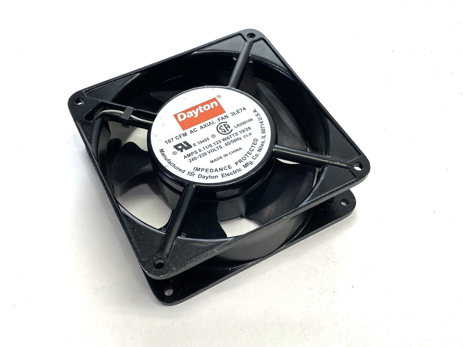 Dayton 107 CFM AC Axial Fan 230VAC 0.11/0.125A 19/20W 3LE74 SHELFWARE - Maverick Industrial Sales