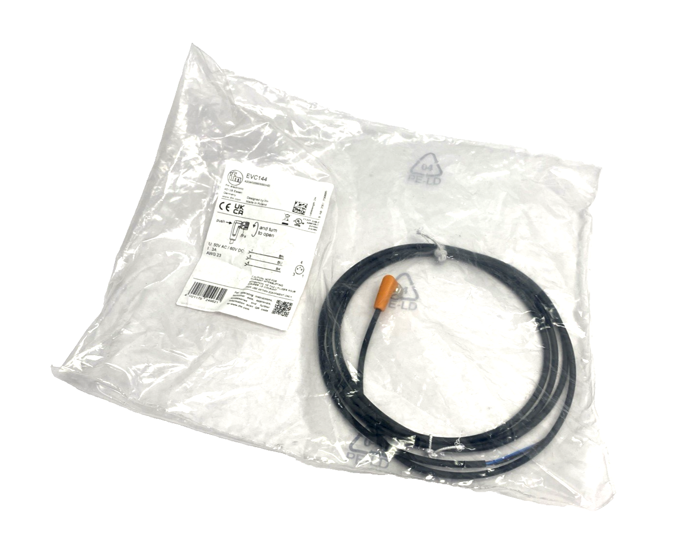 EVC144 | ifm Female Cordset M8 Female Angle 3-Pin 2m ADOAF030MSS0002H03 - New - Maverick Industrial Sales
