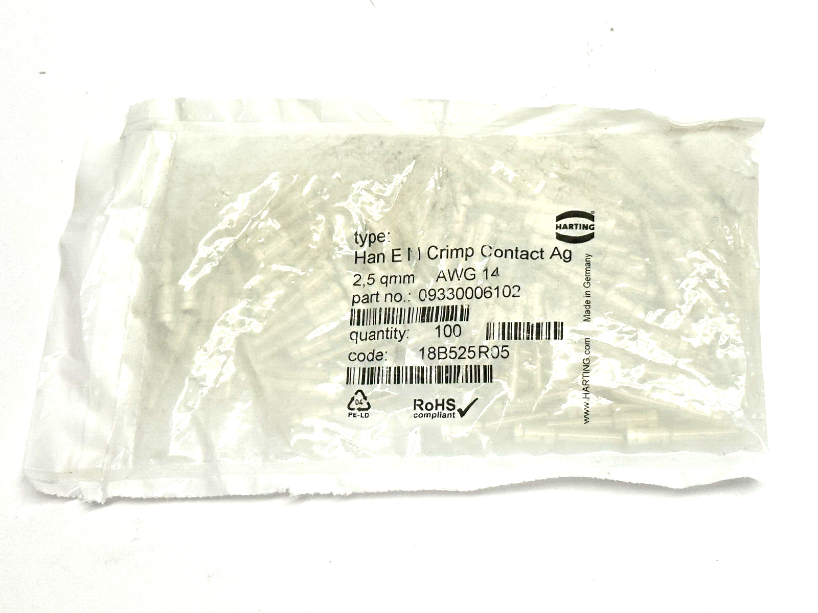 Harting 09 33 000 6102 Han E M Crimp Contact Ag 2.5 mm / 14 AWG LOT OF 100 - Maverick Industrial Sales