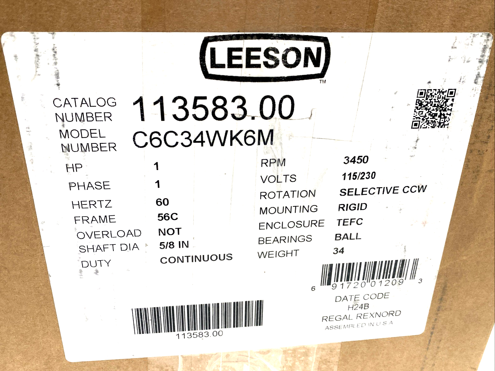 Leeson 113583.00 Washguard Motor 1HP 1PH 115/230V 3450 RPM 5/8" Shaft C6C34WK6M - Maverick Industrial Sales