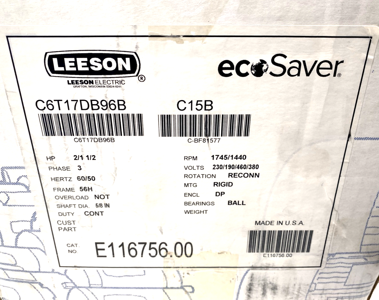 Leeson E116756.00 Motor 2HP 3PH 56H Frame, 230/460V 1745RPM C15B C6T17DB96B - Maverick Industrial Sales