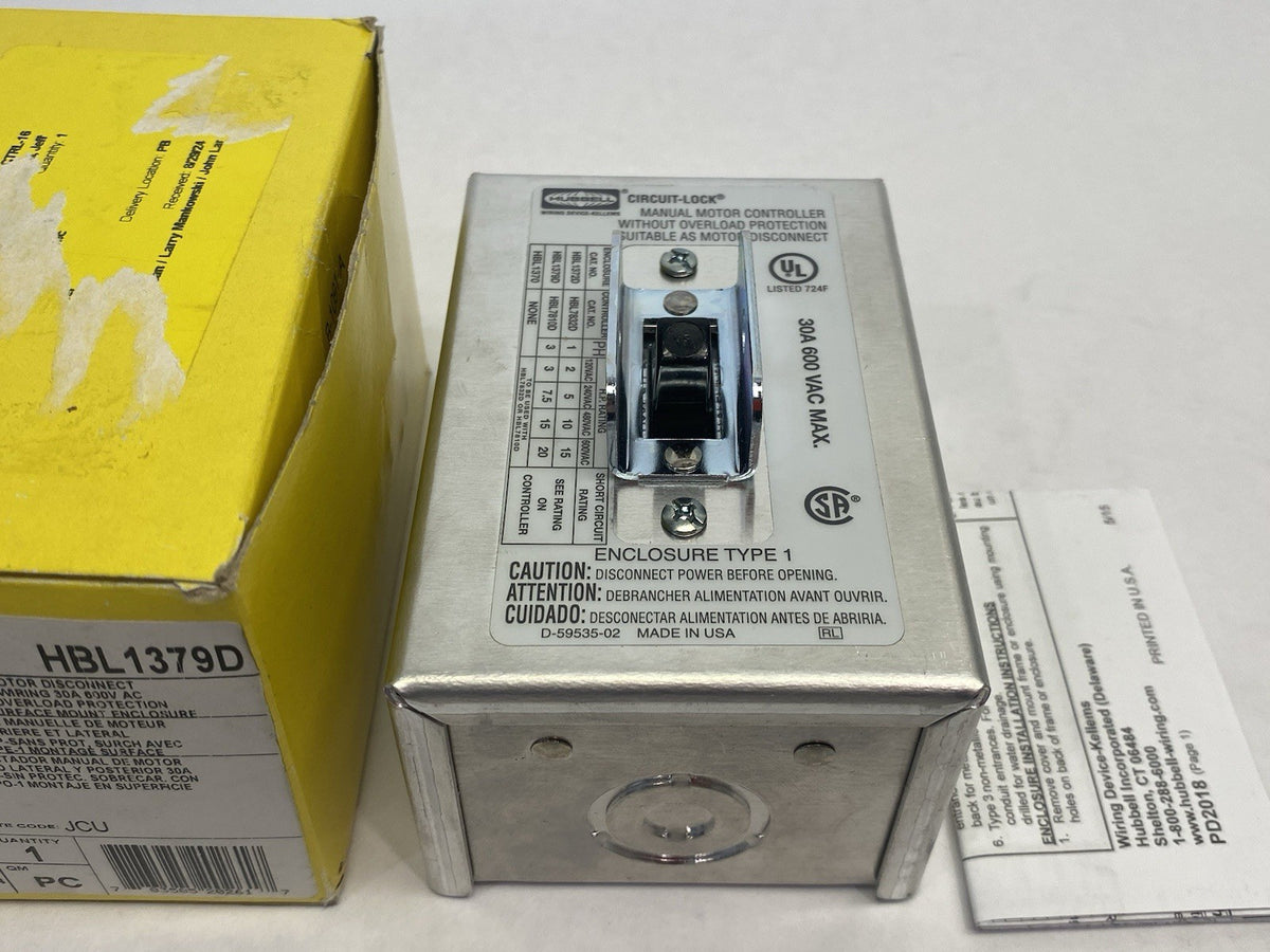HBL1379D | Hubbell Manual Motor Disconnect/Controller, 30A 600V 3-Pole - New – Open box - Maverick Industrial Sales
