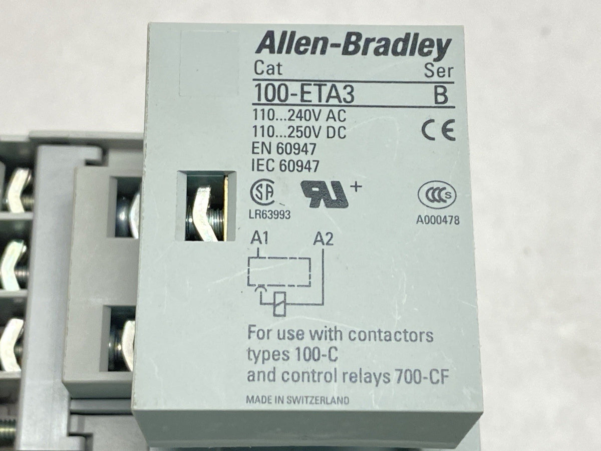 700-CF400D | Allen Bradley Ser A Contactor 25A 690V 110/120V Coil w/ 100-ETA3 - Used - Maverick Industrial Sales