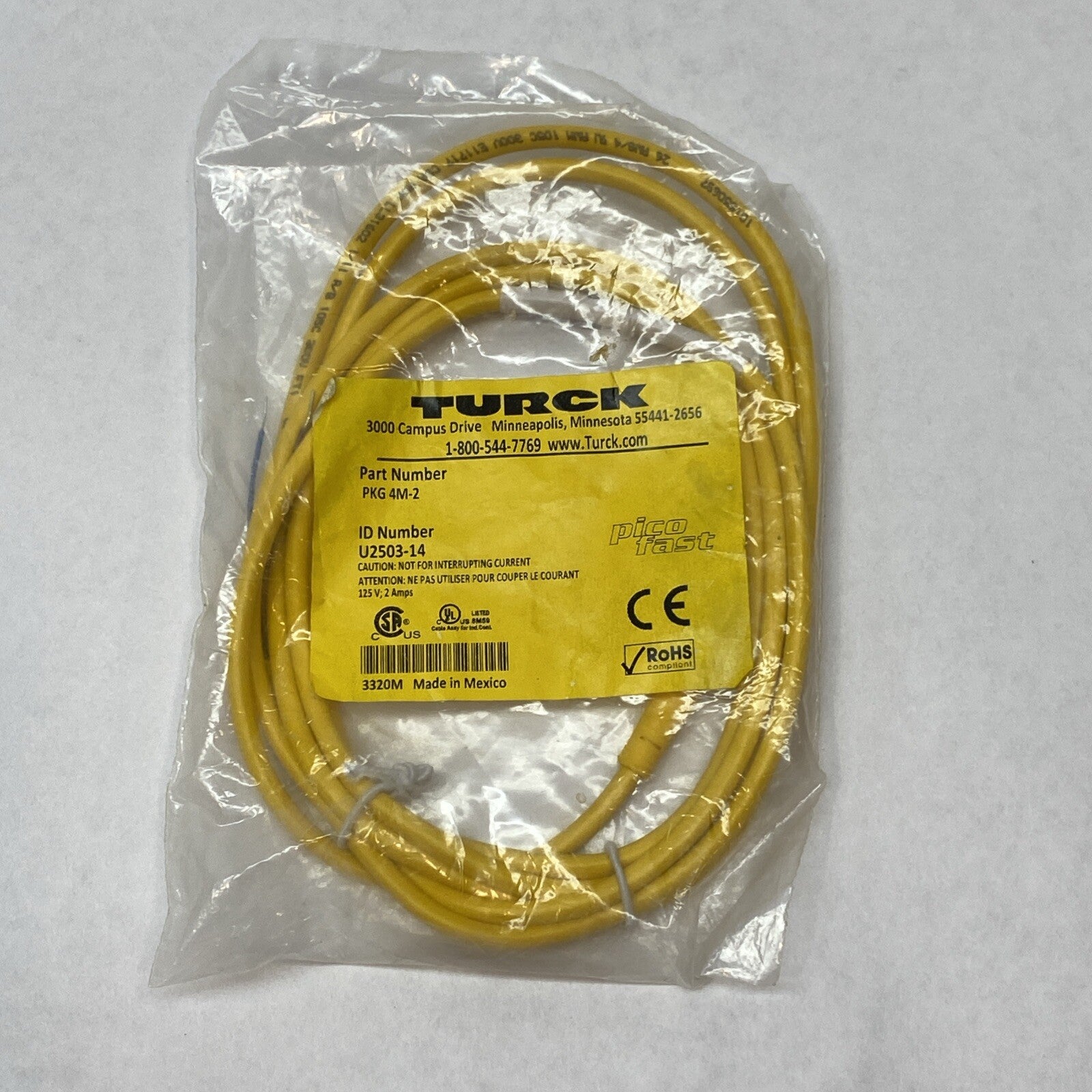 Turck PKG 4M-2 Picofast Cordset M8 4-Pin Female to Cut-End Yellow U2503-14 - Maverick Industrial Sales