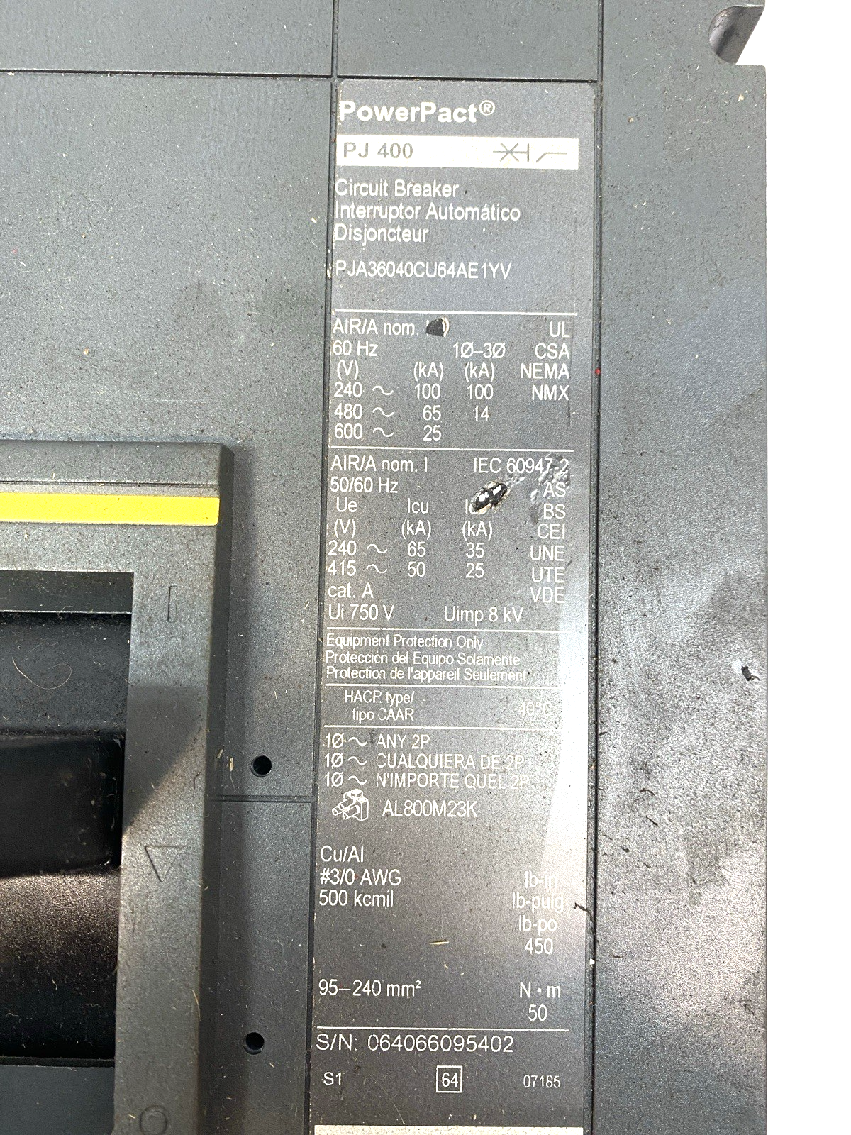 Square D PJA36040CU64AE1YV PowerPact PJ400 Circuit Breaker, 400A 3P 600V - Maverick Industrial Sales