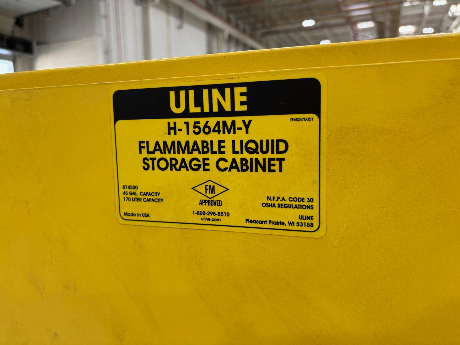 ULINE H-1564M-Y Flammable Liquid Storage Cabinet, 45 Gal. Capacity, No Key - Used - Maverick Industrial Sales