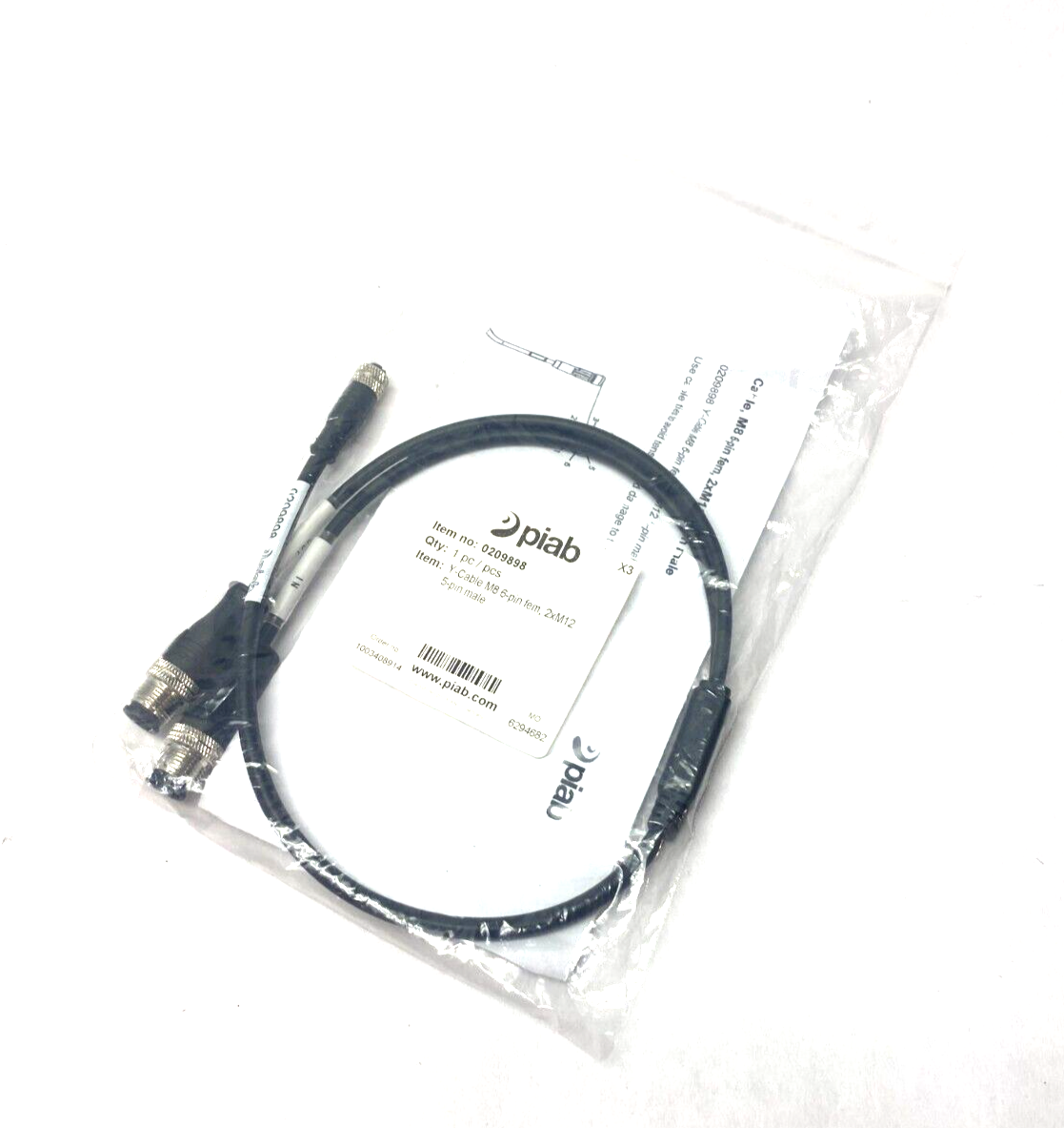 Piab 0209898 Y-Junction Cable M8 6-Pin Female to 2xM12 5-Pin Female - New - Maverick Industrial Sales