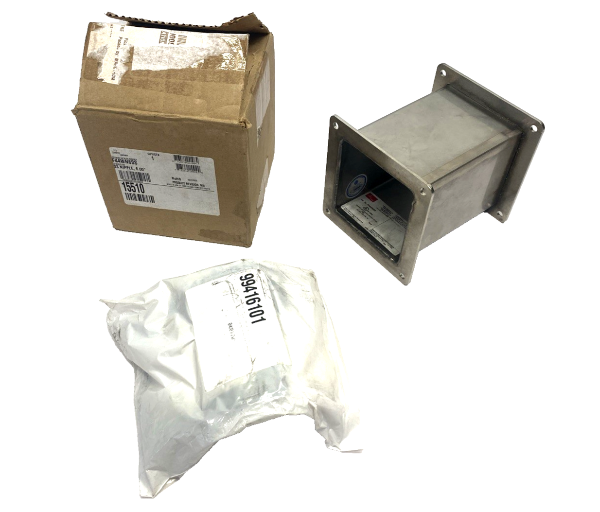 F44WN6SS | Hoffman Nipple Feed-Through Wireway 4" x 4" x 6" Stainless Steel - New – Open box - Maverick Industrial Sales