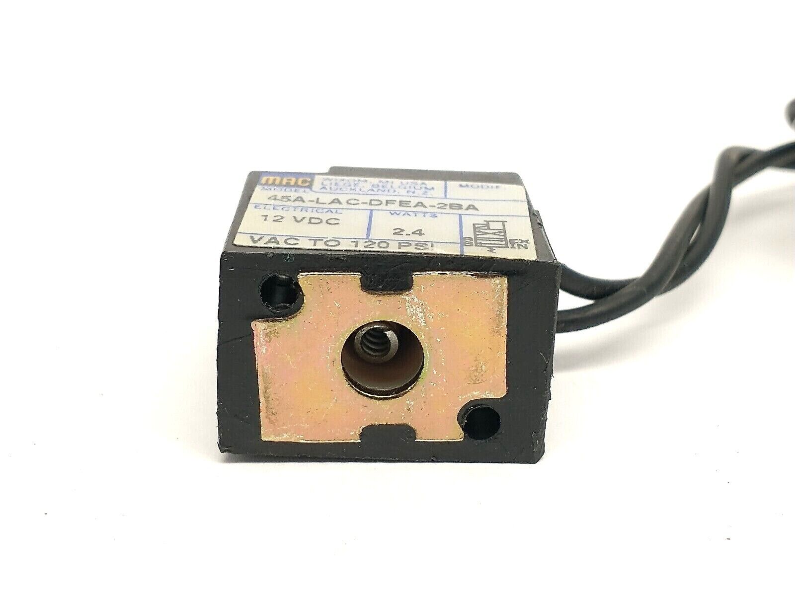 45A-LAC-DFEA-2BA | MAC Valves Manual Operator Solenoid Coil 12VDC 2.4W 120PSI - Used - Maverick Industrial Sales