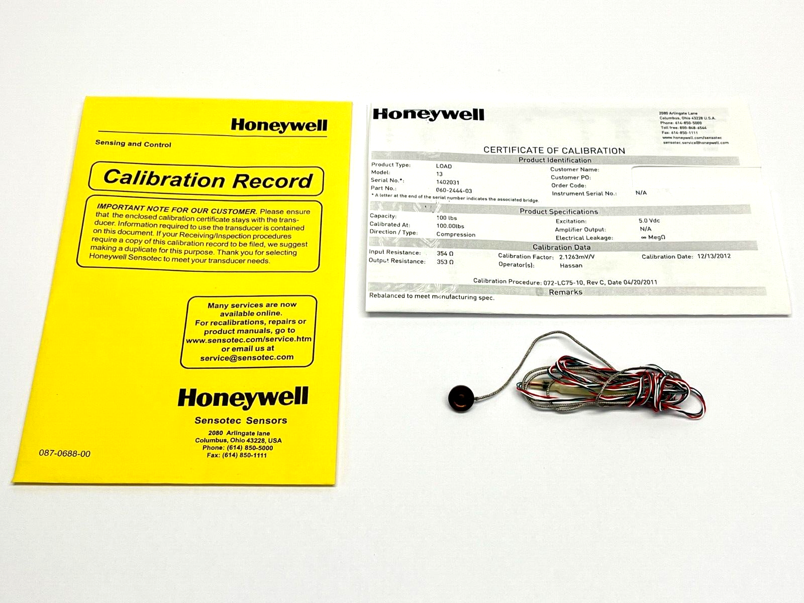 060-2444-03 | Honeywell Subminiature Load Cell 100lbs Range 5VDC - Used - Maverick Industrial Sales