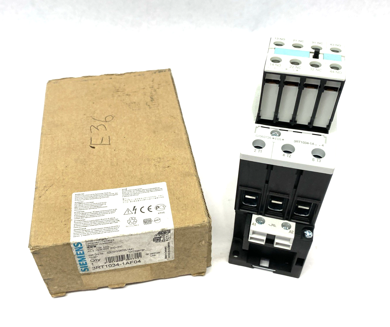 Siemens 3RT1034-1AF04 SIRIUS Power Contactor AC-3 15 KW/400V AC - Maverick Industrial Sales