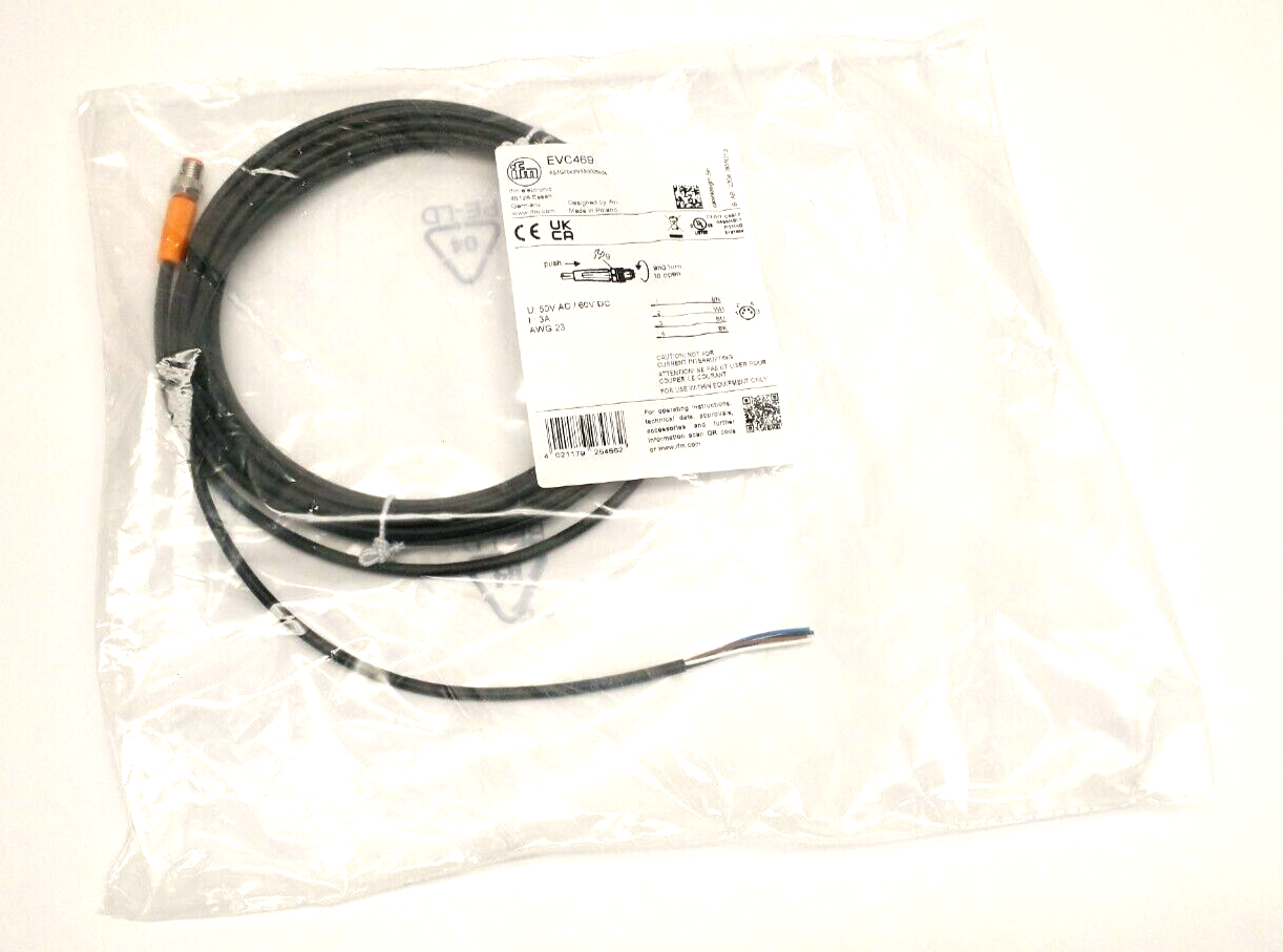 ifm EVC469 Male Single-Ended Cordset 5m M8 4-Pin ASTGF040MSS0005H04 - New - Maverick Industrial Sales