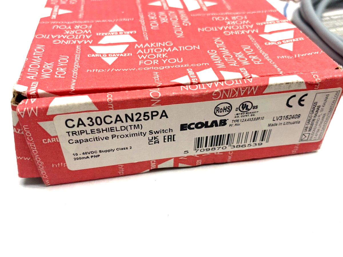 CA30CAN25PA | Carlo Gavazzi Capacitive Proximity Switch M30 25mm Range 10-40VDC - New – Open box - Maverick Industrial Sales