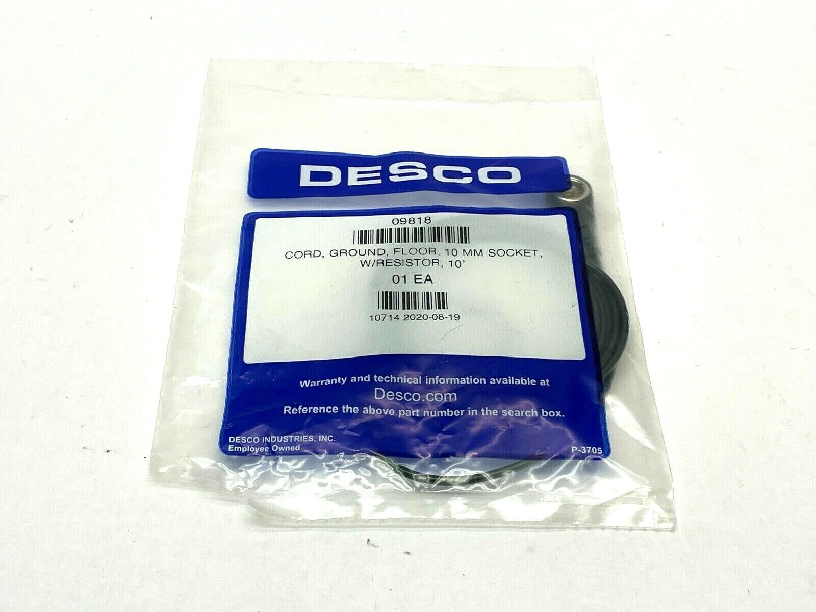 09818 | Desco Floor Mat Ground Cord 10mm Socket w/ Resistor 10' Cord - New – Open box - Maverick Industrial Sales