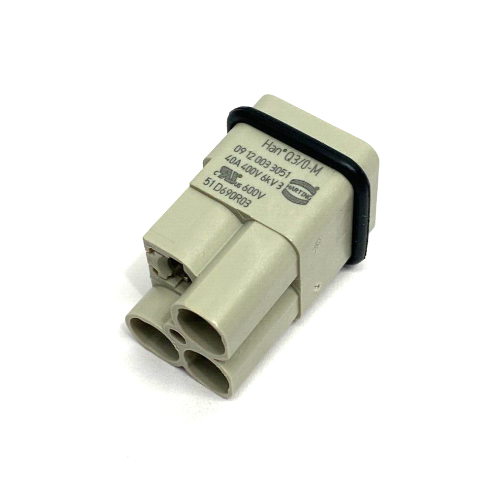 Harting 09120033051 Male Crimp Insert, 3-Contact, Size 3A, 40A 400V, Han Q3/0-M - New – Open box - Maverick Industrial Sales
