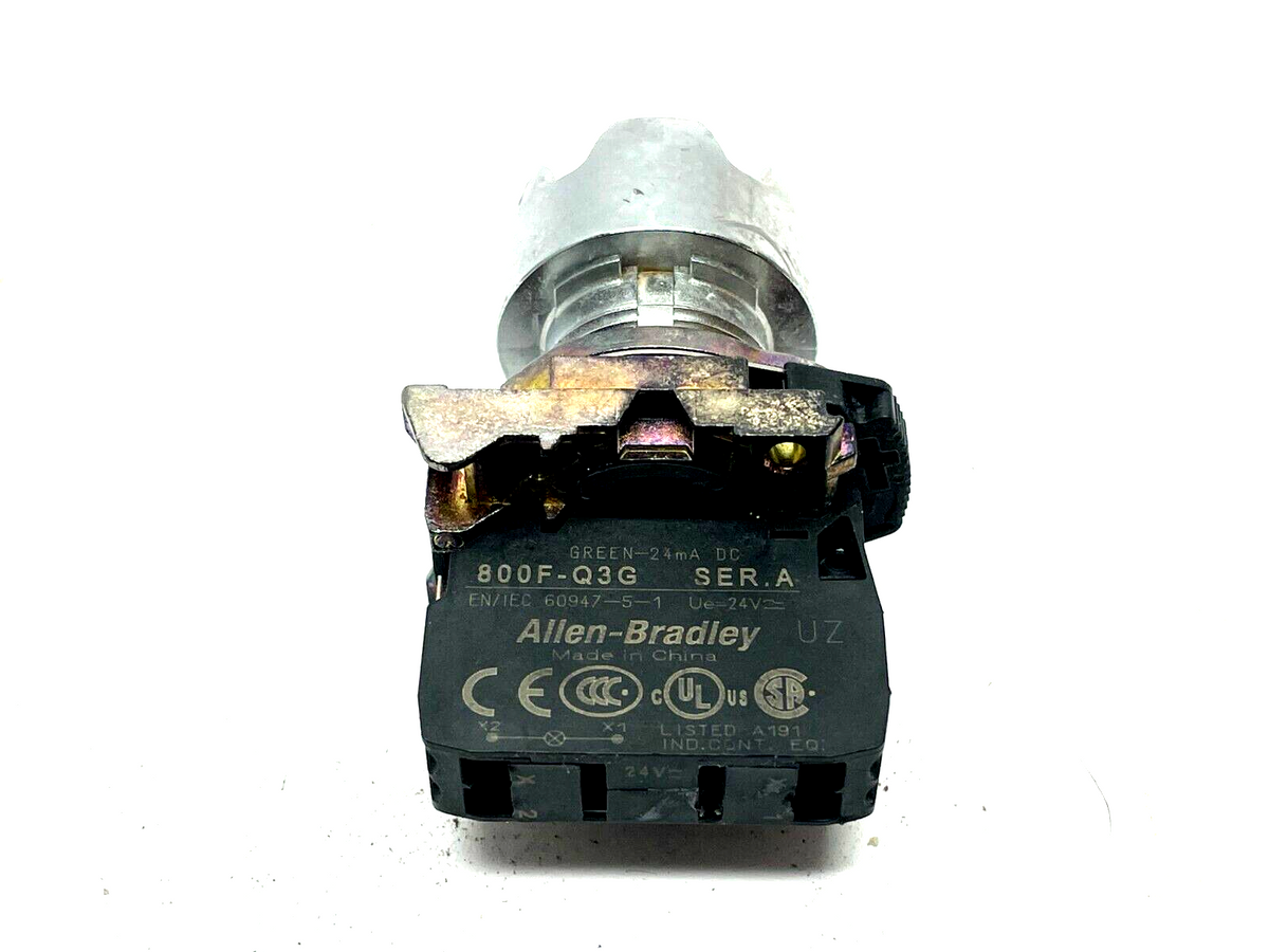 800FM-LG3 | Allen Bradley Guarded Pushbutton Green w/ 800F-Q3G Ser. A Lamp Module - Used - Maverick Industrial Sales