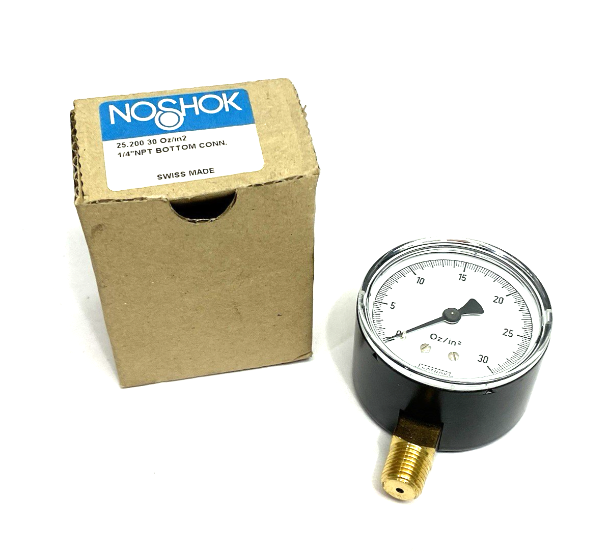25-200-30 | NoShok Pressure Gauge, Male 1/4" NPT Bottom Conn. Black Steel Case - New – Open box - Maverick Industrial Sales