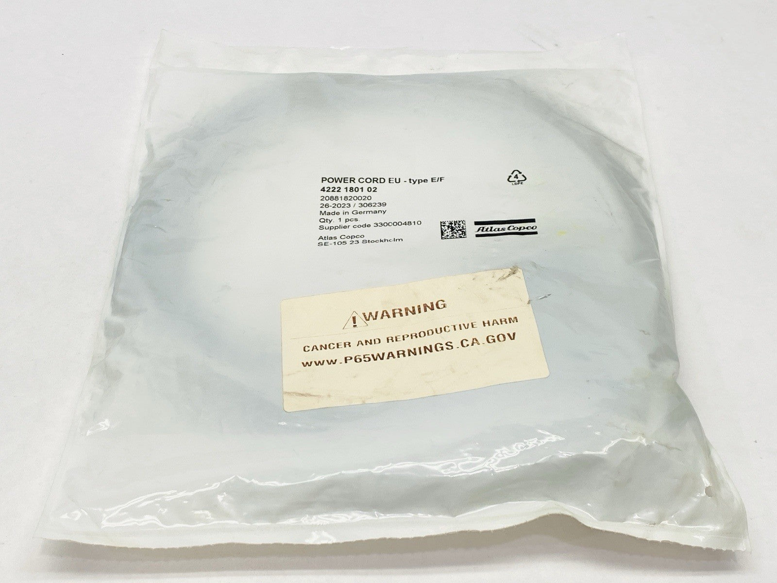 4222 1801 02 | Atlas Copco EU Power Cord - New - Maverick Industrial Sales