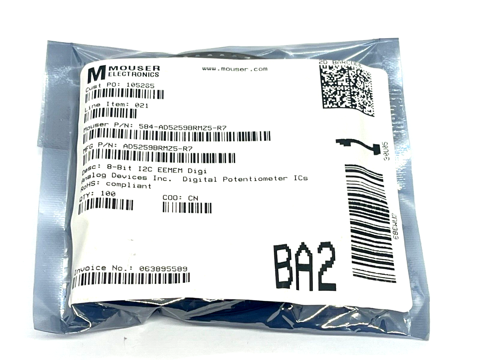 Analog Devices AD5259BRMZ5-R7 Potentiometer ICs 8-Bit I2C EEMEM DigiPOT 100QTY - New - Maverick Industrial Sales