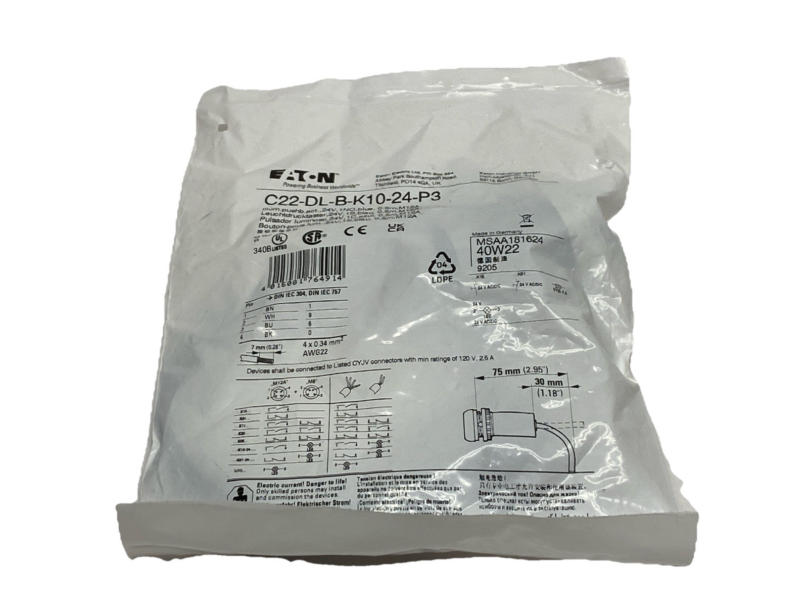 Eaton C22-DL-B-K10-24-P3 RQM Illuminated Compact Momentary Pushbutton Blue 24V - Maverick Industrial Sales