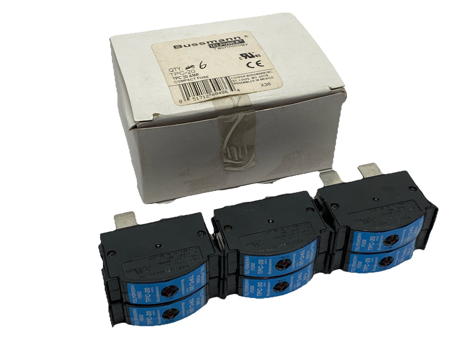 TPC-20 | Eaton Bussmann Compact Telecommunication Fuse 20A 80VDC LOT OF 6 - New – Open box - Maverick Industrial Sales