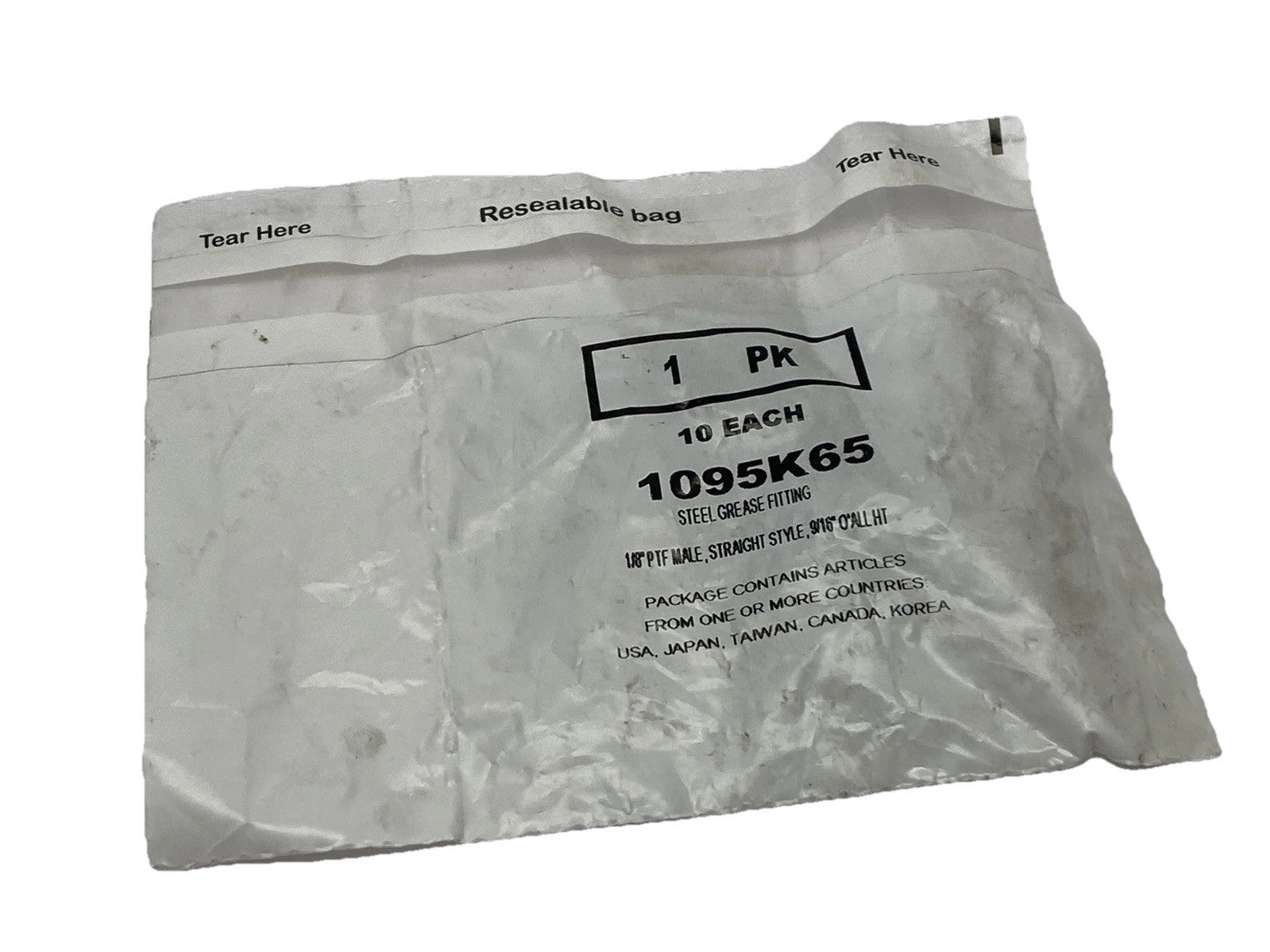 1095K65 Grease Fitting 1/8" PTF-SAE Male 9/16" Height PKG OF 10 - New - Maverick Industrial Sales