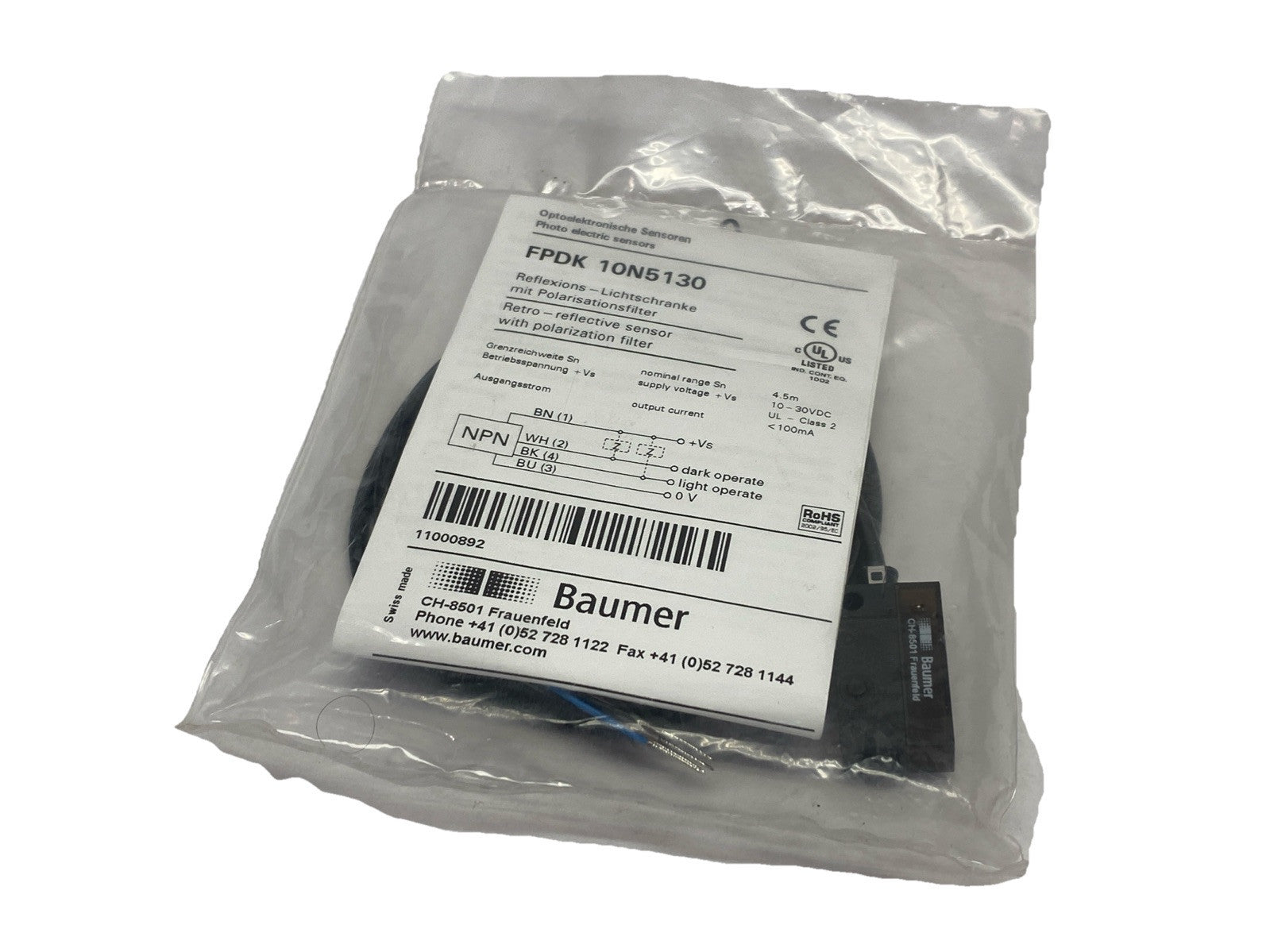 Baumer FPDK 10N5130 Retro-Reflective Sensor 2m 4-pin - New - Maverick Industrial Sales