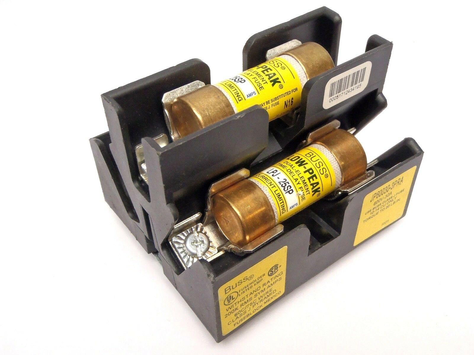 Buss JP60030-3PRA Pyramid Fuse Holder Block 600V-30A W/ LPJ-25SP Fuses - Maverick Industrial Sales