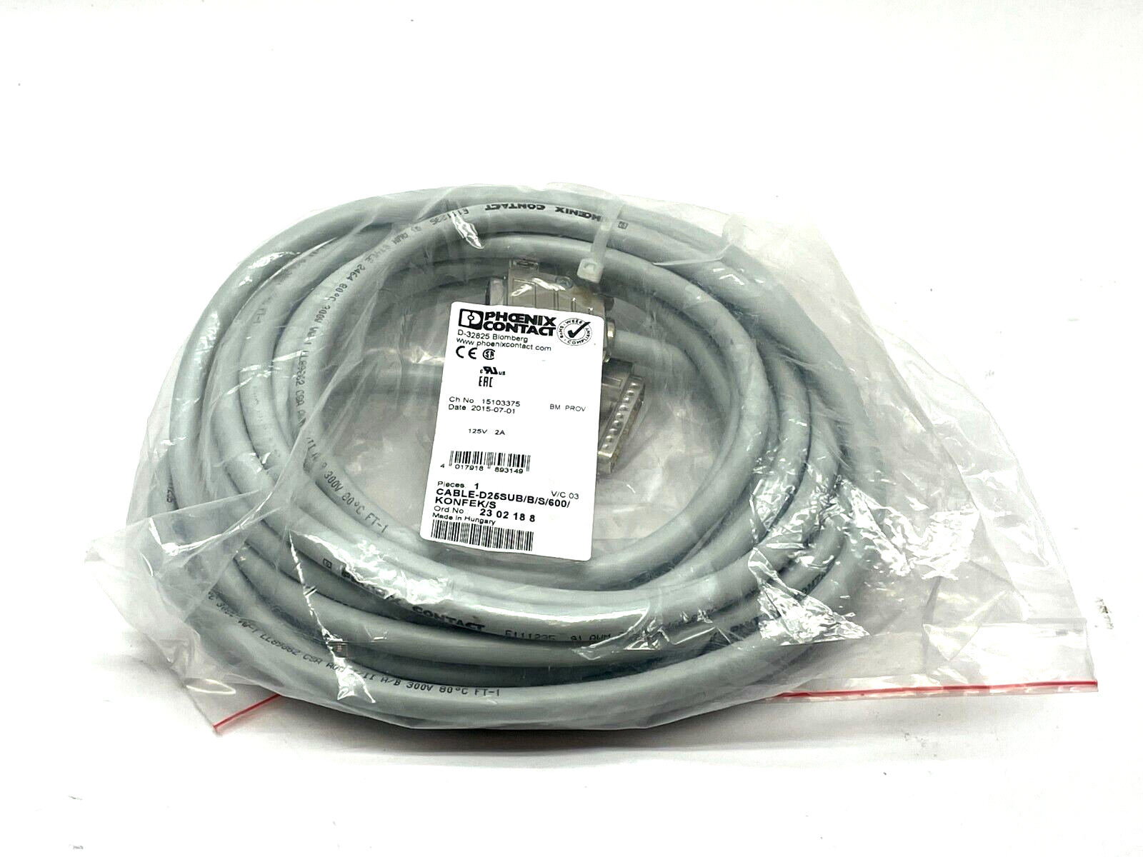 Phoenix Contact CABLE-D25SUB/B/S/600/KONFEK/S D-Sub Cable 6m Length 2302188 - New - Maverick Industrial Sales