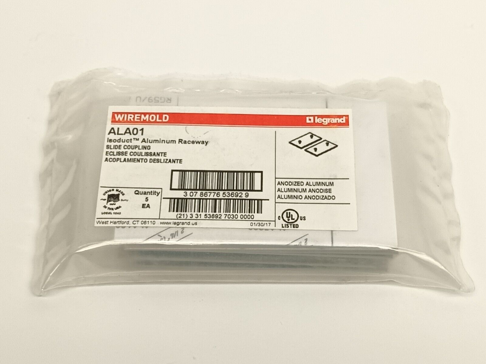 Wiremold ALA01 Isoduct Aluminum Raceway Slide Coupling PACKAGE OF 5 - Maverick Industrial Sales
