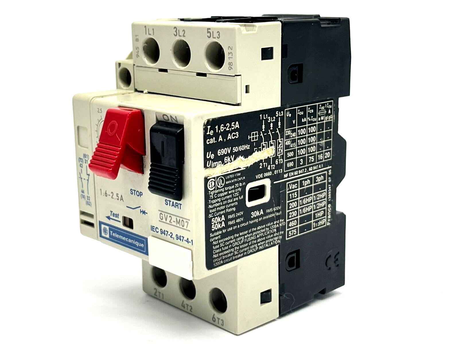 Telemecanique GV2-M07 Motor Circuit Breaker 1.6-2.5A w/ GV2-AN11 Auxiliary Block - Maverick Industrial Sales