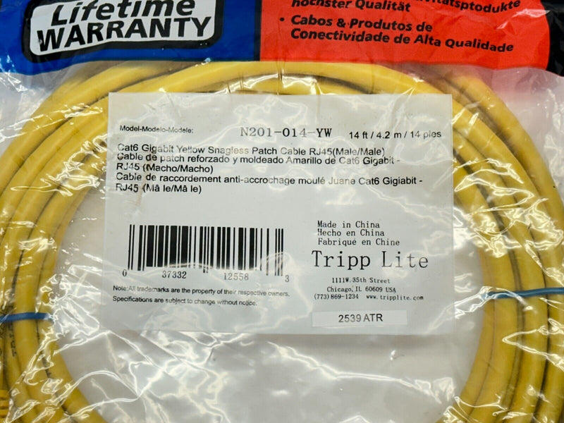 Tripp Lite N201-014-YW Cat6 Gigabit Yellow Snagless Patch Cable RJ45 Male 14ft - Maverick Industrial Sales