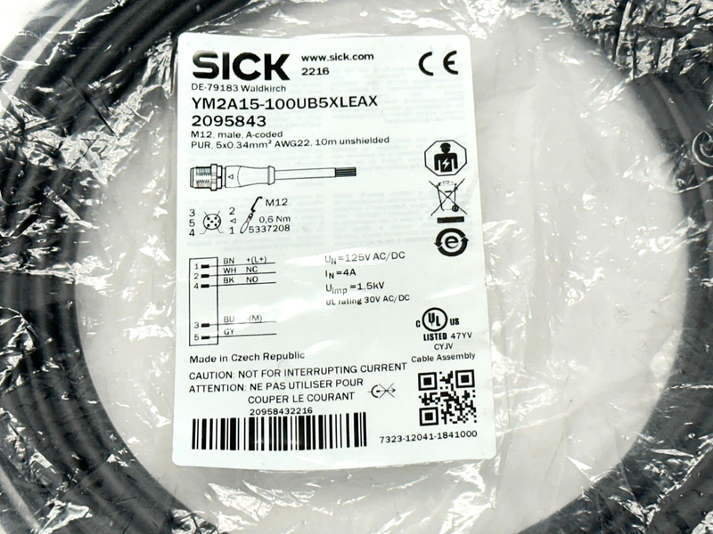 Sick YM2A15-100UB5XLEAX Single Ended Cordset M12 Male 5-Pin 10M 2095843 - Maverick Industrial Sales