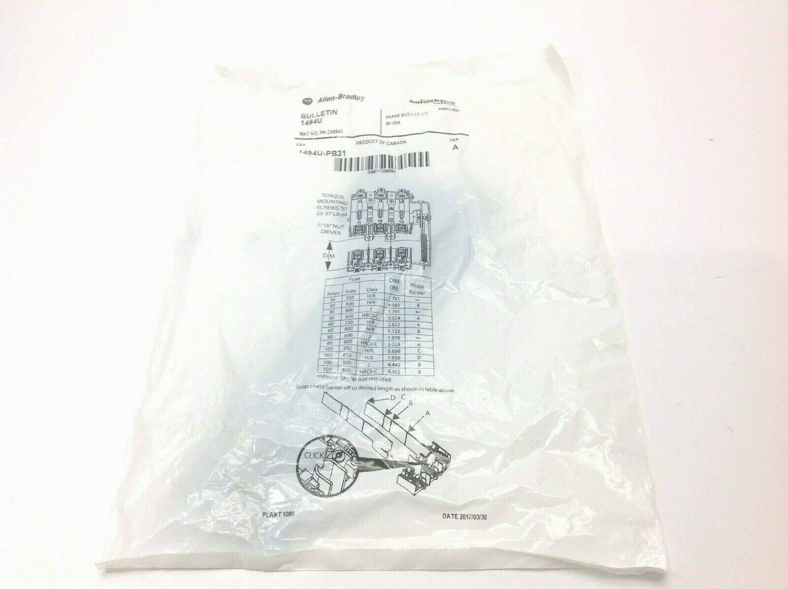 Allen Bradley 1494U-PB31 Phase Barrier Kit 248545 30-100A - New - Maverick Industrial Sales