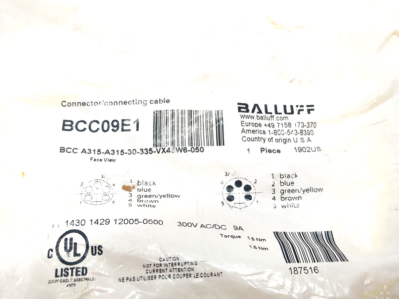 Balluff BCC09E1 Cordset 7/8" M-F 5-Pin 5m BCC A315-A315-30-335-VX45W6-050 - Maverick Industrial Sales
