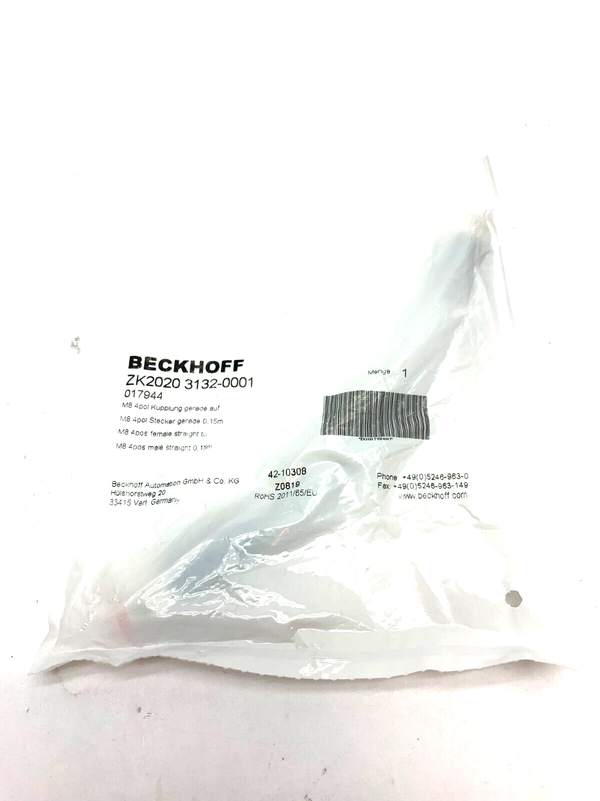 Beckhoff ZK2020-3132-0001 PUR Power Cable 4 Pin Power Chain Suitable - New - Maverick Industrial Sales