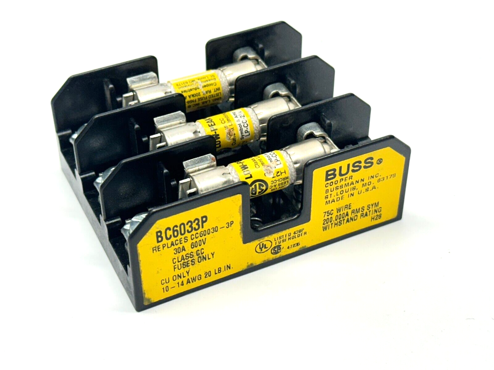 BC6033P | Cooper Bussmann Fuse Block w/ 3x LP-CC-21/4 Low-Peak Fuses - Used - Maverick Industrial Sales